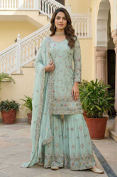 Mint Green Designer Embroidered Kurti Sharara Set with Dupatta
