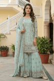 Mint Green Designer Embroidered Kurti Sharara Set with Dupatta - kavyo.in
