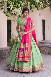 Royal Paithani Mint Pink Silk Zari Lehenga with Dupatta & Batwa