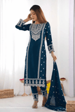 Eliza Cerulean Embroidered Kurta Pant Set with Dupatta - kavyo.in