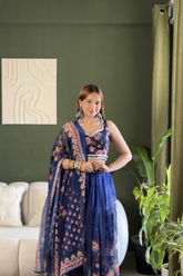 Navy Blue Floral Digital Printed Fox Georgette Lehenga Choli Set with Dupatta