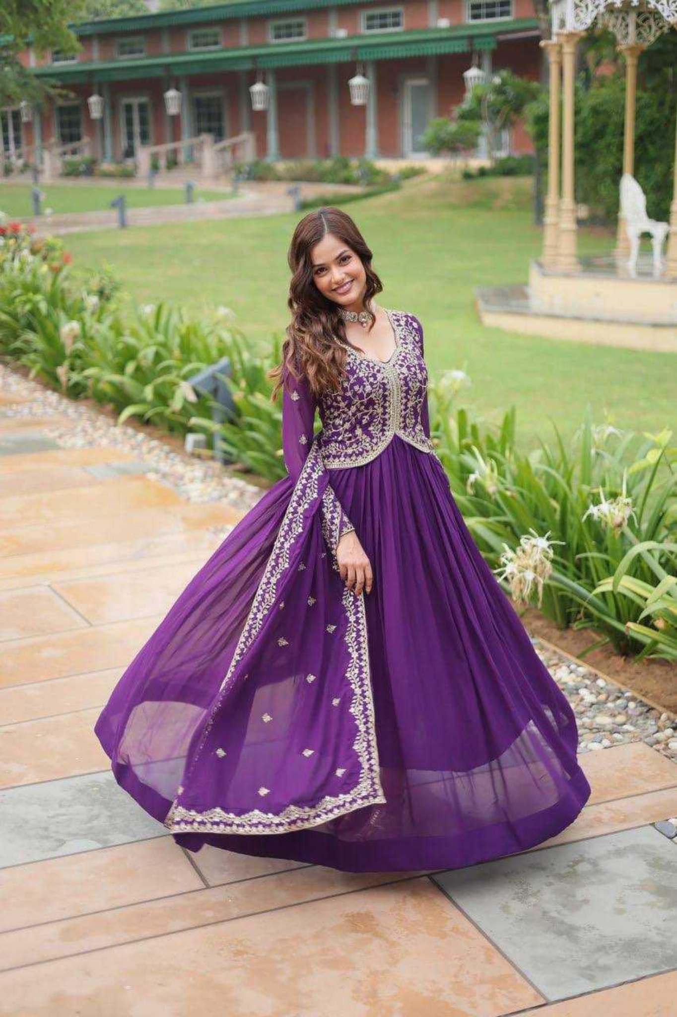 Elegant Faux Blooming Embroidered Anarkali Gown Set - Purple - kavyo.in