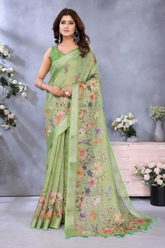 Vibrant Lime Green Linen Shimmer Floral Printed Saree