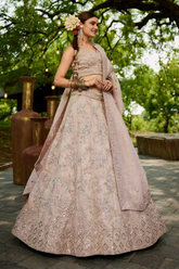 Light Pink Tissue Embroidered Bridal Lehenga Choli with Dupatta