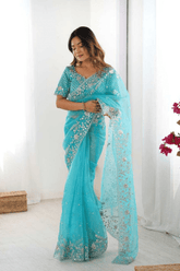 Azure Blue Heavy Organza Silk Saree - kavyo.in