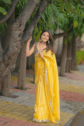 Pure Fandi Satin Silk Saree with Real Mirror Work & Embroidered Blouse - kavyo.in