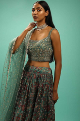 Teal Chinon Lehenga Choli with Net Dupatta