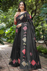 Black Soft Chanderi Cotton Saree with Embroidery & Zari Patti Border