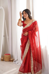 Ratna Rouge Pure Fandi Satin Silk Saree with Pearl Embellishment, Real Mirror & Zari Lace Border