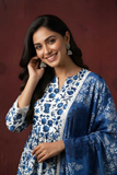 Indigo Heritage Printed Cotton Kurta Pant Dupatta Set