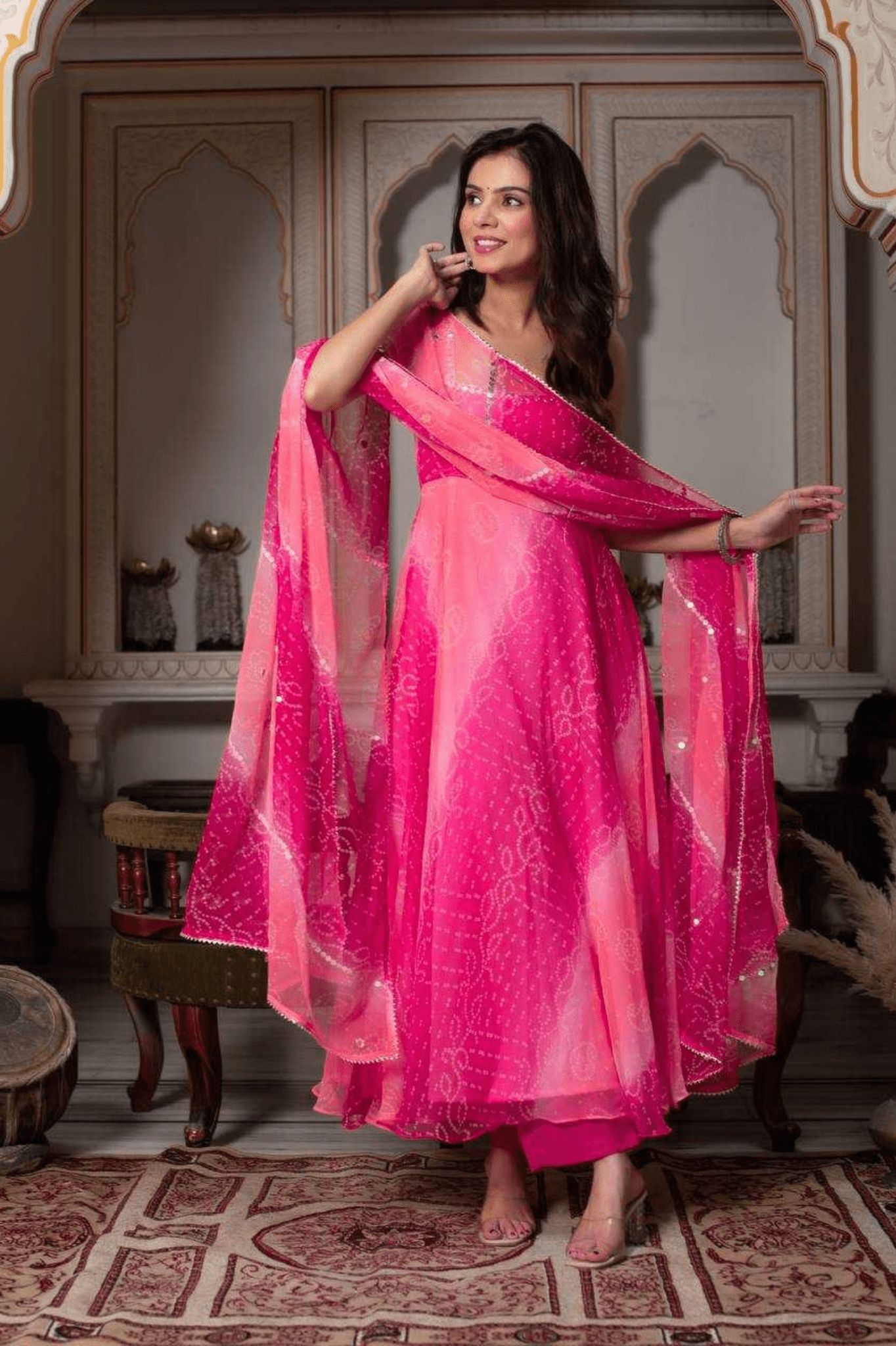 Rani Pink Mirror - Work Faux Georgette Anarkali Set - kavyo.in