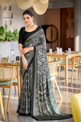 Black Original Semi Gajji Silk Saree with Ajrakh Print Border & Rich Pallu