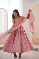 Blush Pink Roman Silk Anarkali Gown Set with Dupatta