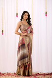 Soft Lichi Silk Saree with Nature Tribal Art Print & Luxurious Gold Zari Border