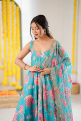 Aqua Blossom Muslin Gown Set