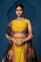 Mustard Yellow Georgette Lehenga with Floral Organza Dupatta