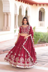Maroon Vichitra Silk Sequins & Thread Embroidered Bridal Lehenga Set