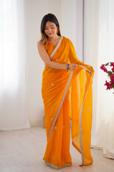 Elegant Yellow Fandy Saree with Beads & Sequin Embroidery