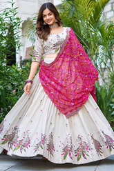 White Chinon Embroidered Peacock Lehenga with Pink Georgette Dupatta
