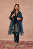 Midnight Teal Velvet Embroidered Suit Set