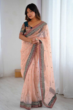 Peach Net Party Wear Saree with Embroidered Border Lace