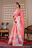 Soft Linen Cotton Saree with Flamingo Floral Digital Print & Contrast Border