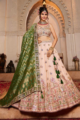 Peach Tissue Embroidered Lehenga Choli with Green Dupatta