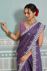 Rangoli Silk Saree with White Floral Embroidery & Cutwork Border