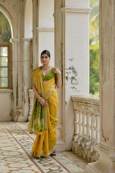 Yellow Soft Desi Raw Silk Saree with Pochampally Ikkat Concept & Zari Weaving Border