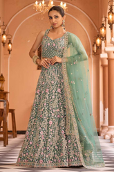 Lime Green Net Sequins & Thread Embroidered Bridal Lehenga Set