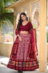 Red White Patola Tussar Silk Foil Work Lehenga Set