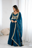 Teal Royale Faux Georgette Embroidered Suit Set with Dupatta - kavyo.in