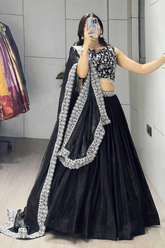 Black Beauty Fendi Satin Lehenga Choli Set with Embroidered Dupatta