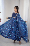 Royal Blue Bandhani Print Fox Georgette Anarkali Gown Set with Dupatta & Pant - kavyo.in