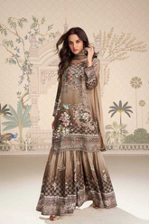 Midnight Brown – Chinon Silk Kurti Sharara Set