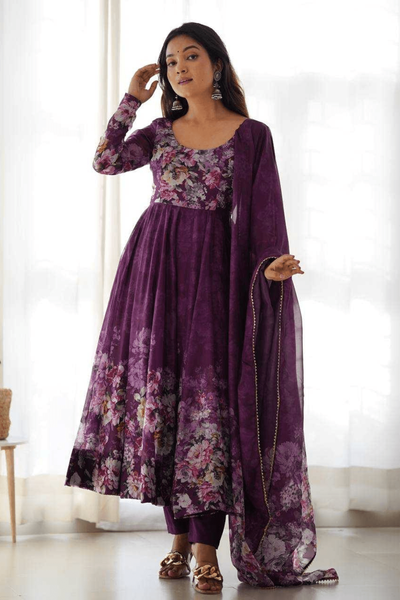 Royal Wine Floral Printed Organza Silk Anarkali Suit Set - kavyo.in