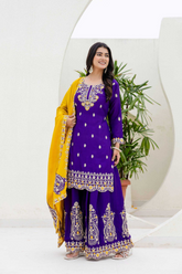 Royal Blue Chinon Silk Kurti Set with Dupatta