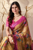 Mustard Bloom Premium Linen Cotton Floral Print Saree