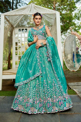 Sea Green Tissue Embroidered Designer Lehenga Set
