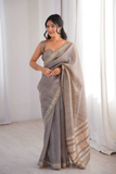 Pure Spun Cotton Gray Saree with Real Mirror Work & Jari Embroidery