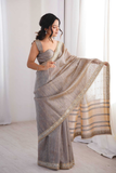 Pure Spun Cotton Gray Saree with Real Mirror Work & Jari Embroidery