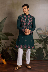 Dark Green Neck Embroidered Kurta Set with White Pant