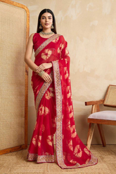 Bandhej Georgette Saree with Multi Embroidery Lace Border