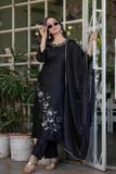 Black Bloom – Rayon Slub Embroidered Kurta Pant Dupatta Set