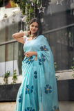 Blue Blossom Linen Saree