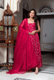 Ruby Red Faux Georgette Anarkali Set with Sharara & Lace Dupatta - kavyo.in