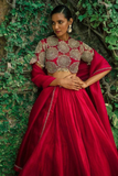 Rani Red Premium Roman Silk Lehenga Choli Set with Dupatta