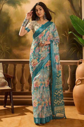 Blue Linen Cotton Saree with Watercolor Floral Print & Contrast Woven Border