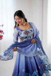 Premium Organza Soft Taby Silk Gown with Digital Print & Dupatta