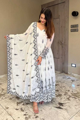 White & Black Printed Anarkali Suit Set with Dupatta